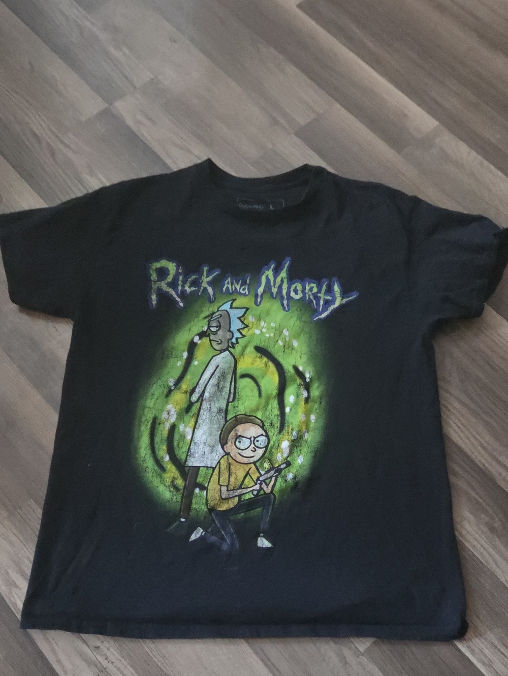 Rick & Morty Black Graphic Tee with Green Portal Art Size Large